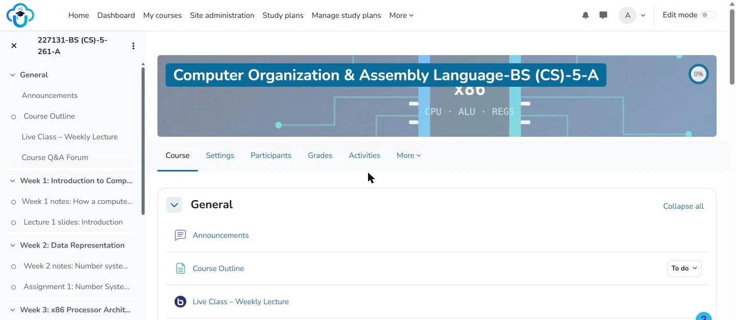 Moodle course Computer Organization & Assembly Language synced from UMSonCloud, with announcements, course outline, a BigBlueButton live class and weekly materials
